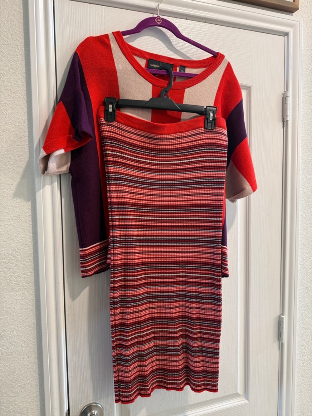 Gabrielle Union Striped Short Sleeve Shirt/Shirt- Red, Cream & Purple